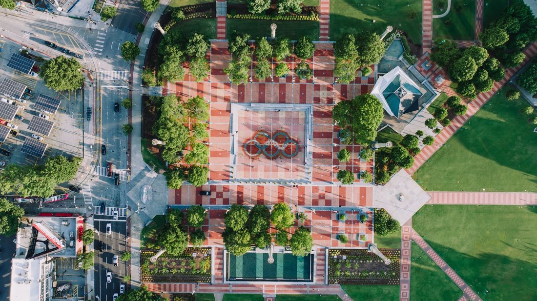 An aerial view of the terraced McGovern Centennial Gardens in Hermann Park, Houston